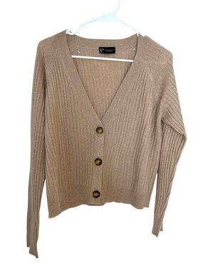 C By Bloomingdales Womens Beige Cashmere Ribbed Button-Front Cardigan Sweater XL